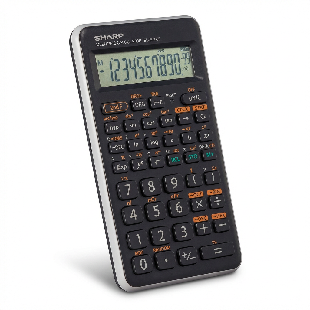 A studio photograph of the Sharp EL-501XT scientific calculator, angled to show its left side against a white background with a soft shadow.
