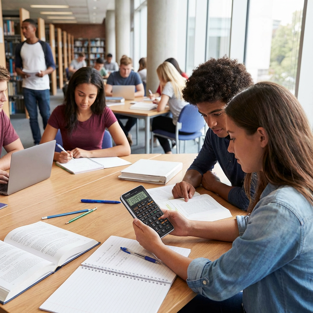 A lifestyle photograph shows a female university student in a busy library, using the SHARP EL501XTGY scientific calculator while studying with a partner.