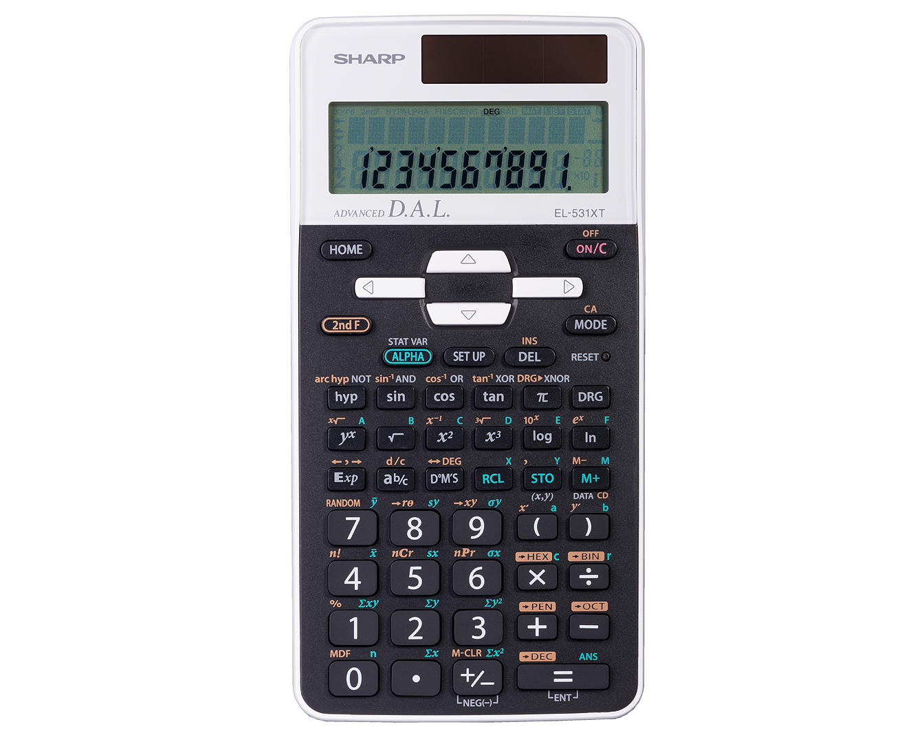 Sharp EL-531XTWH scientific calculator with 273 functions, solar panel, and digital display.
