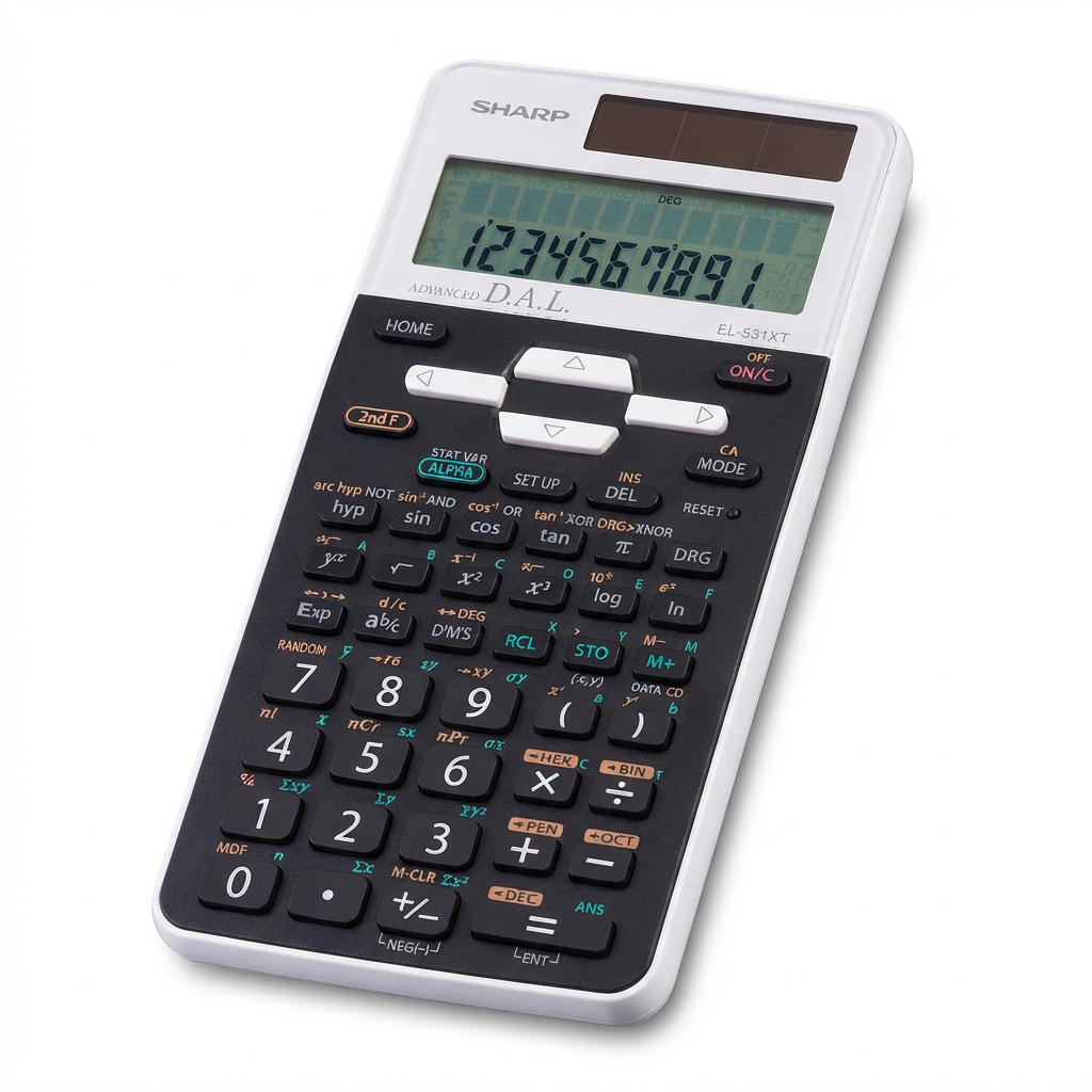 A photorealistic studio photo of the Sharp EL531XTWH scientific calculator, angled from the left on a white background.
