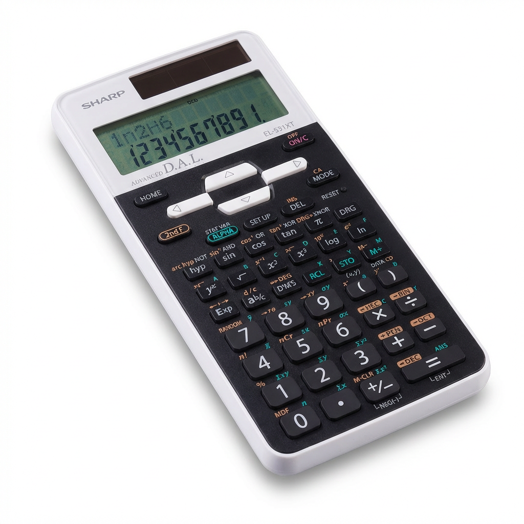 A photorealistic studio photograph of the Sharp EL531XTWH scientific calculator, angled to show its right side. The white and black calculator is centered on a pure white background with a soft natural shadow beneath it. The LCD screen displays '1234567891.' and all buttons and text are clearly visible.