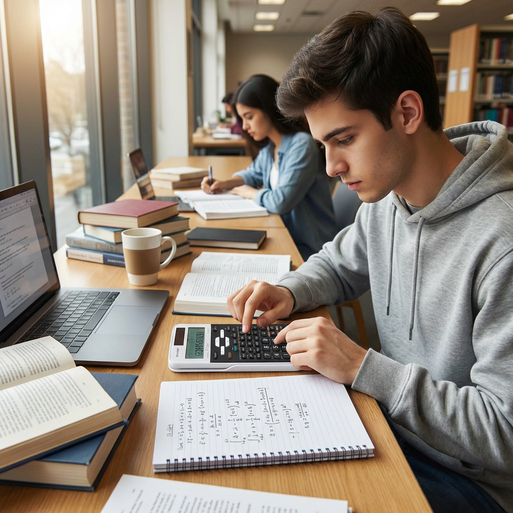A student in a library uses the white SHARP EL531XTWH scientific calculator while studying math.