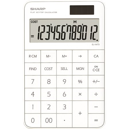 Sharp EL-VM73WH white 12-digit business calculator with flat keytops and cost/margin keys.