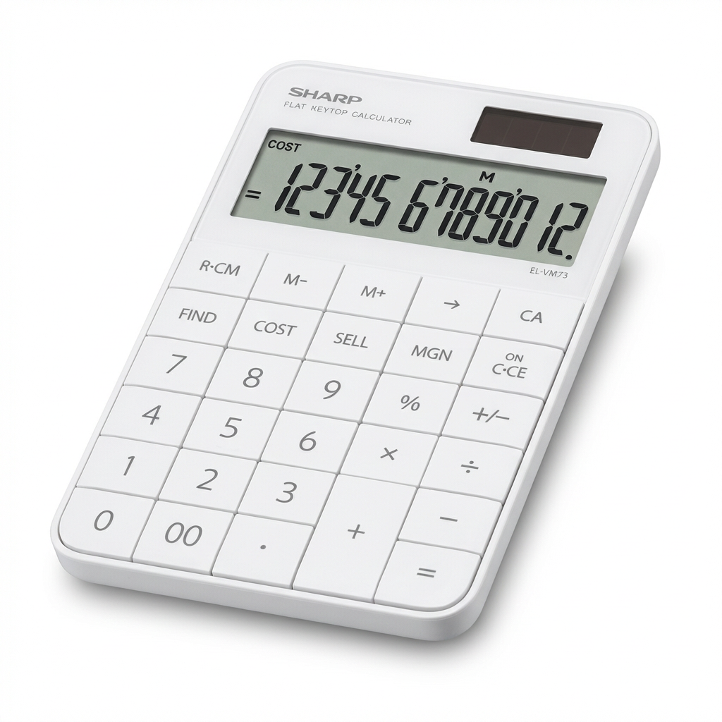 A photorealistic studio photograph of the white Sharp EL-VM73WH calculator, angled to the left. It has flat keys, a 12- digit display showing "COST = 123456789012. M", and rests on a pure white background with a soft shadow .