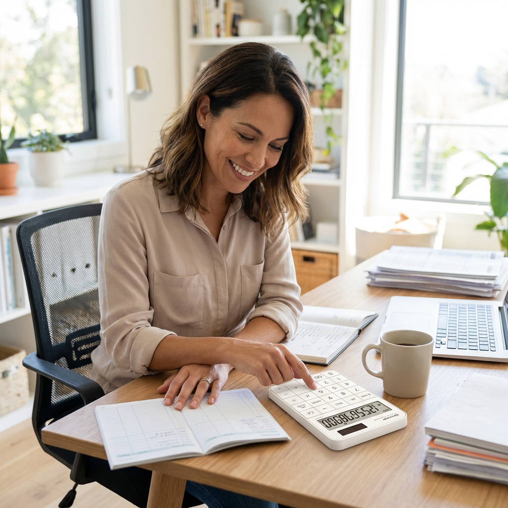 A woman in a sunlit home office smiles as she uses the white SHARP EL-VM73WH calculator, reviewing figures in an open notebook at her desk.