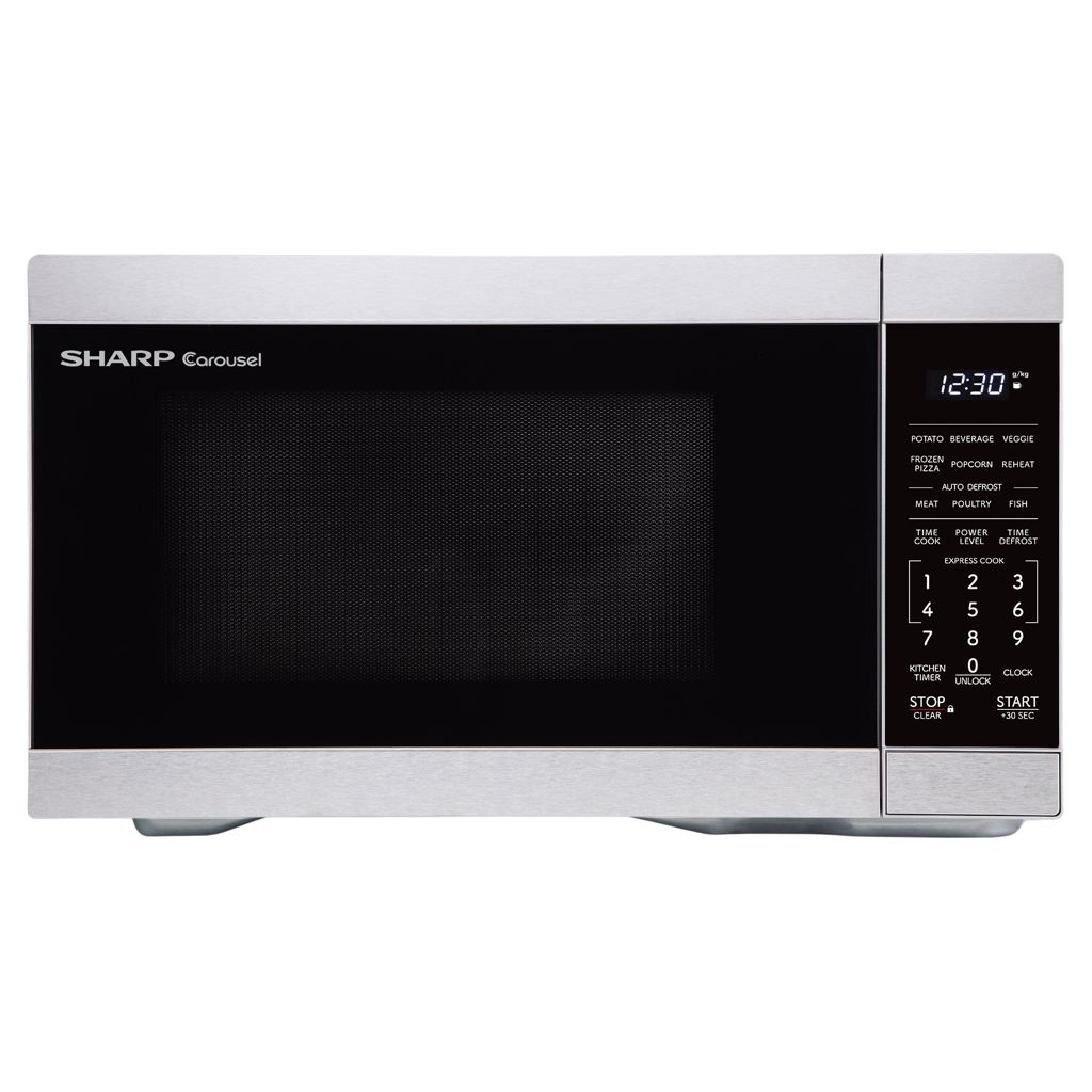 Sharp SMC0962KSC 0.9 cu. ft. 900W Stainless Steel Countertop Microwave Oven with digital display.