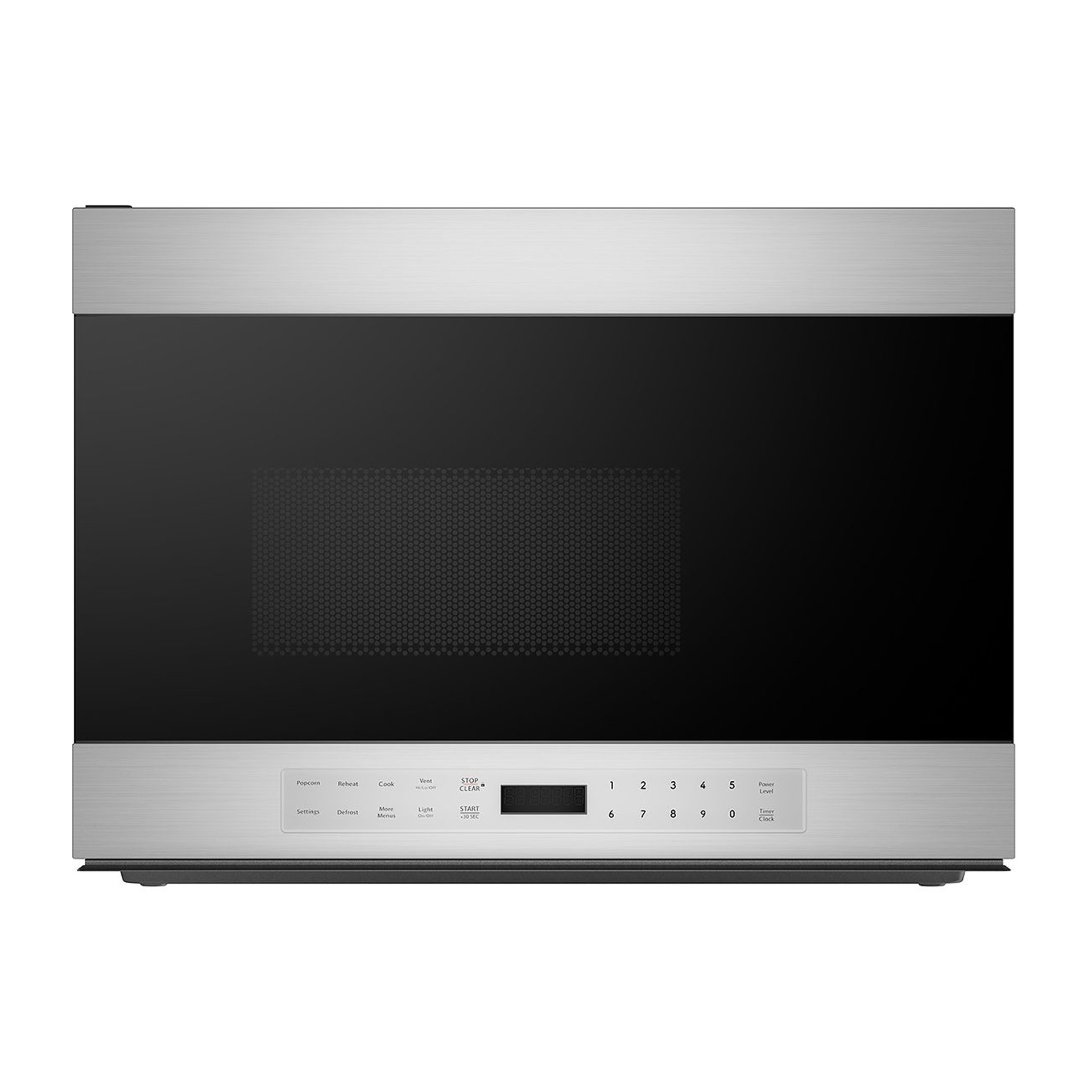 Sharp 24-inch stainless steel over-the-range microwave with black glass door and bottom controls.