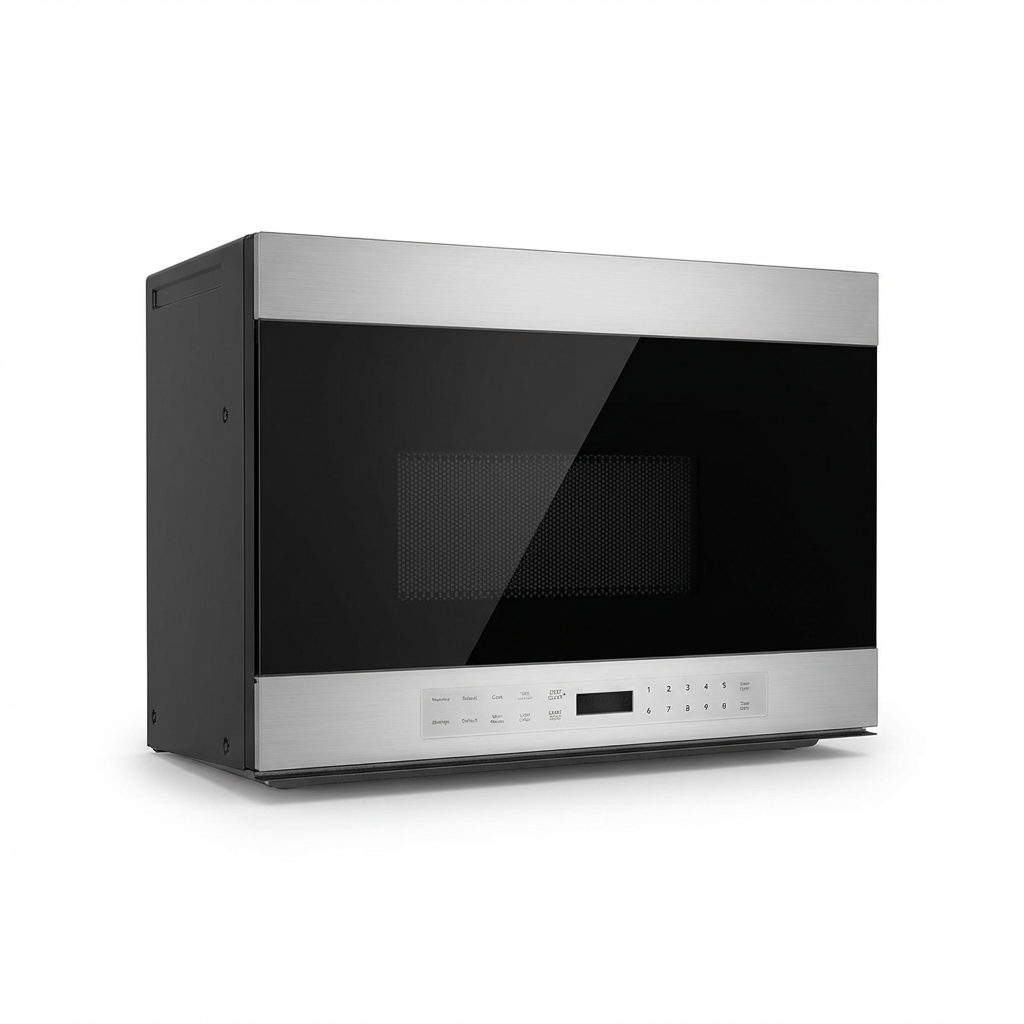 A photorealistic studio photo of the SHARP SMO1461GS over-the-range microwave, angled to show its left side. It has a stainless steel frame, a black glass front with a control panel, and is centered on a pure white background with a soft shadow.