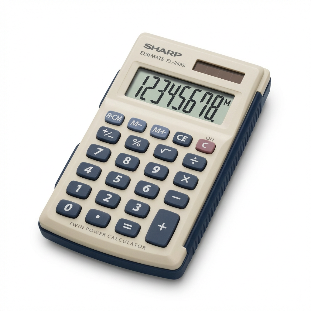 Photorealistic studio product view of the Sharp EL243S handheld calculator, angled left on white.
