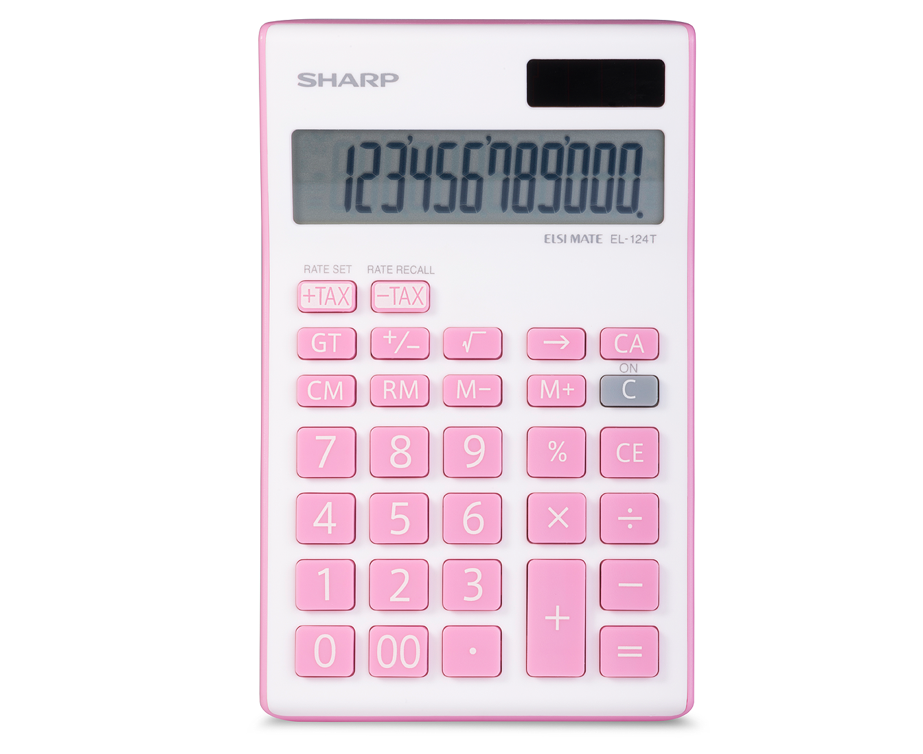 White and pink Sharp EL-124TPK 12-digit desktop calculator featuring solar power and tax keys.