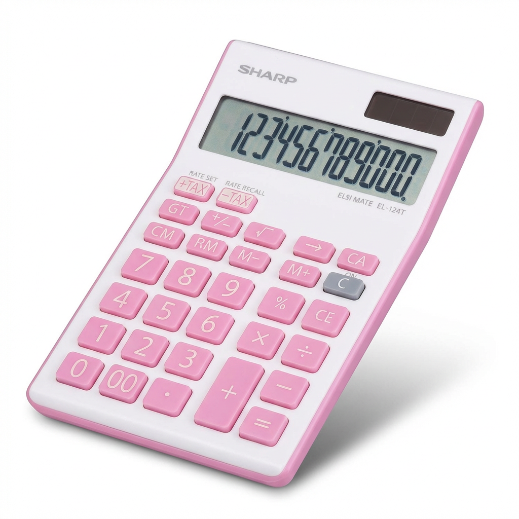 A photorealistic studio shot of the white and pink SHARP EL124TPK calculator, angled to the left.