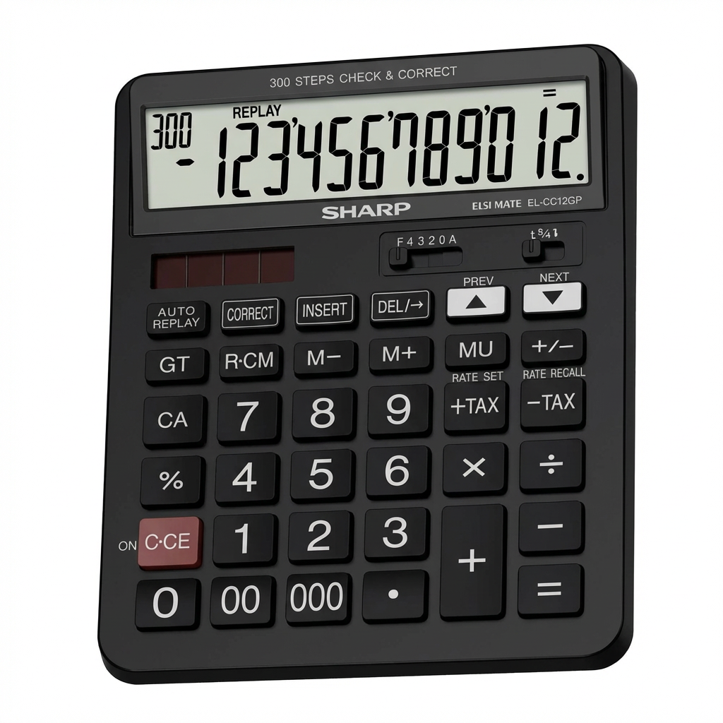 A photorealistic studio product photo of the black SHARP EL-CC12GP calculator, angled to emphasize its left side against a pure white background .