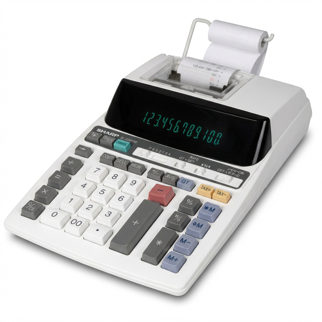 A photorealistic studio photograph of the Sharp EL2201RII printing calculator, angled to show its left side on a pure white background.