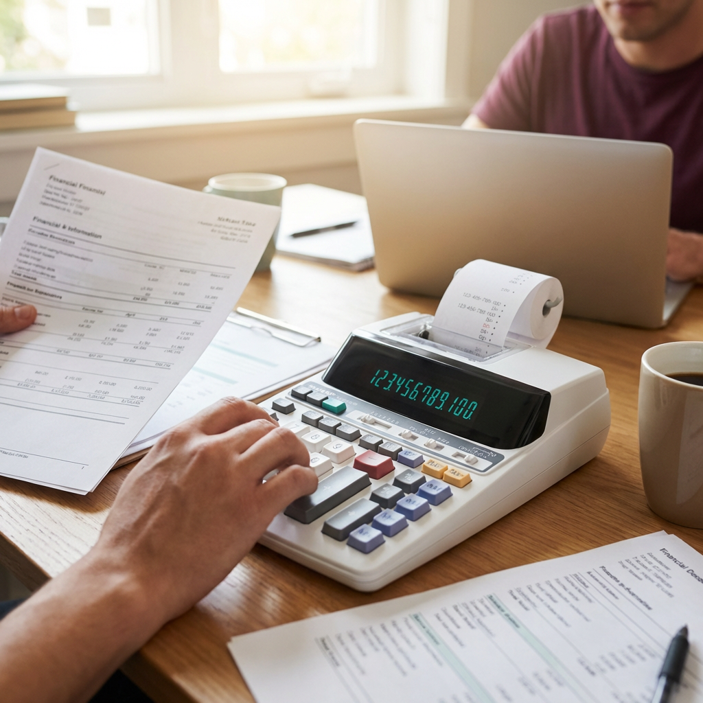 A person is using the SHARP EL-2201RII printing calculator, checking financial documents in a sunlit home office.