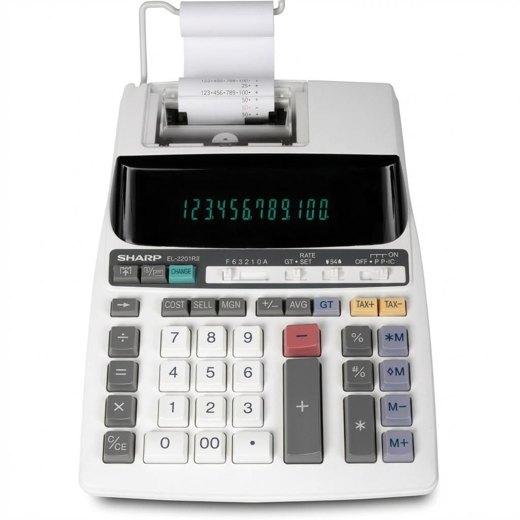A studio photograph of the Sharp EL2201RII printing calculator, angled right on a white background with a soft shadow.