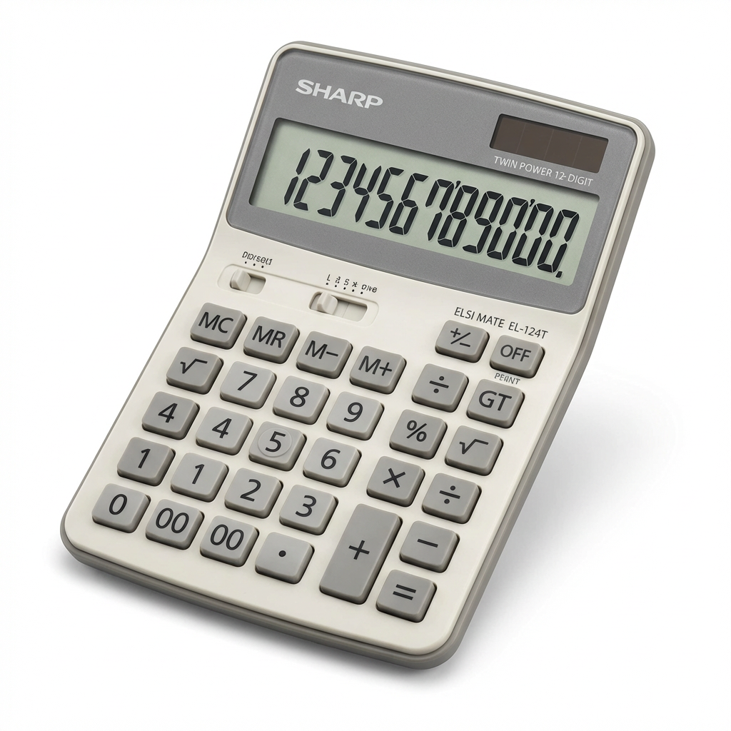 A photorealistic studio product photograph of the SHARP EL124TGY Twin Power calculator, angled left on a white background with a soft shadow.