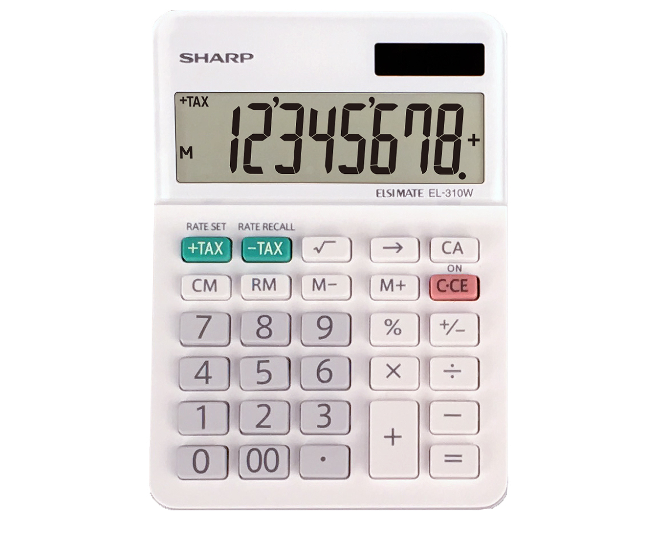 White Sharp EL310W mini-desktop calculator with an 8-digit display and dedicated tax keys.