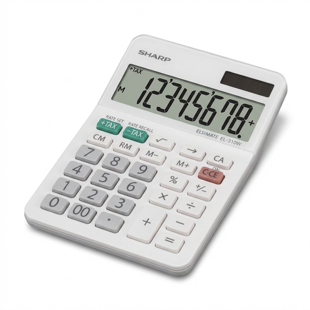A photorealistic studio product photograph of the white SHARP EL310W calculator, angled to show its left side, resting on a pure white background with a soft, natural shadow.