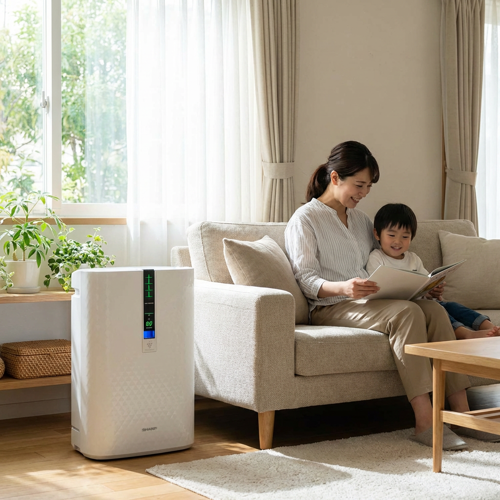 A mother and son read together in a sunlit living room, with a SHARP KC850U Air Purifier running beside them.