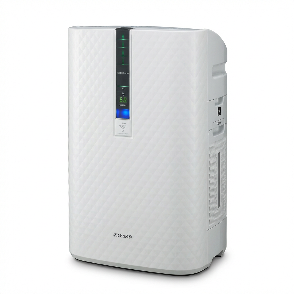 A photorealistic studio photo of the SHARP KC850U air purifier, angled to show the front and right side, on a pure white background with a soft shadow.