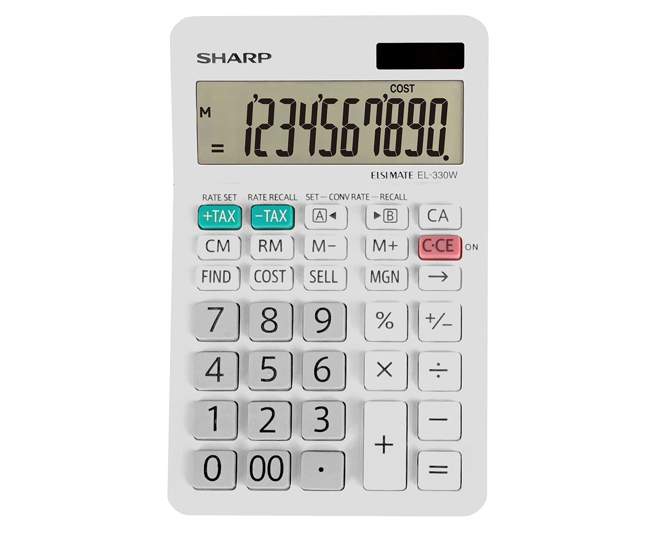 White Sharp EL-330W 10-digit desktop calculator with teal tax keys, a red clear button, and solar panel.