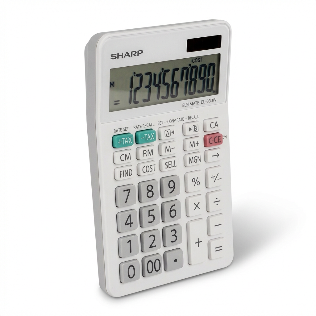 A studio product photograph of the white Sharp EL-330W calculator, angled to the left, on a pure white background with a soft shadow .
