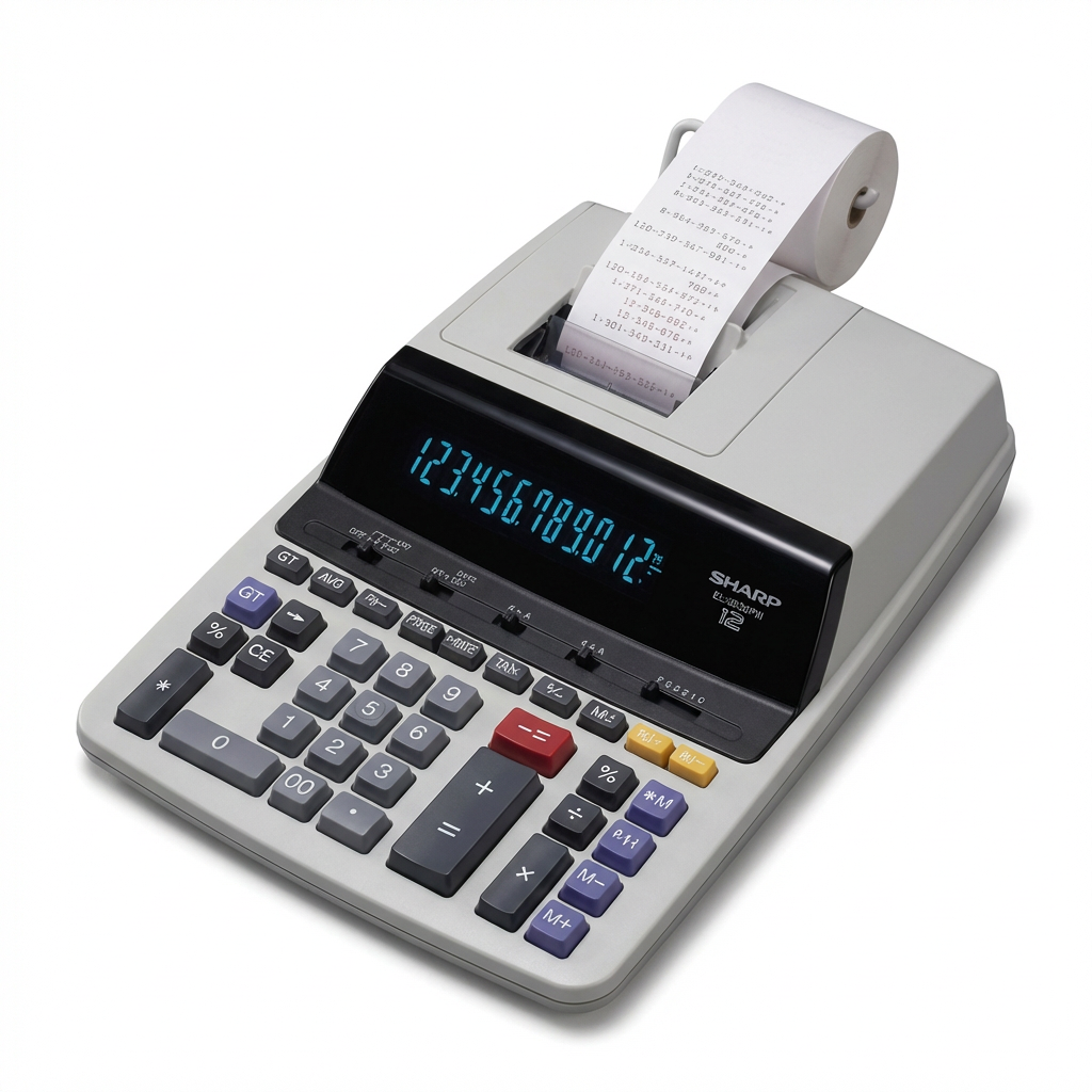 A photorealistic studio photograph of the SHARP EL2630PIII commercial printing calculator, angled to show the left side on a pure white background with a soft shadow.