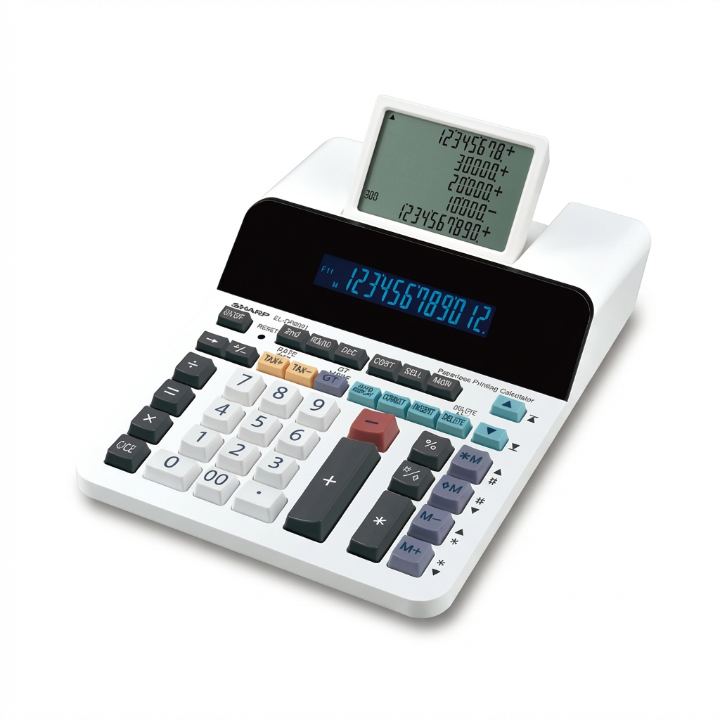 A photorealistic studio shot of the white SHARP ELDP9001 calculator with dual displays, angled to the left on a white background with a soft shadow.