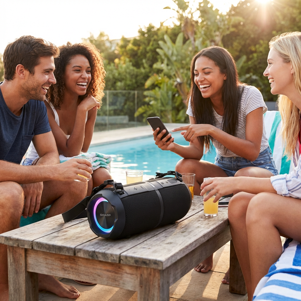 A group of friends laugh and enjoy music from the Sharp GX-BT390 Bluetooth speaker by a sunny pool.