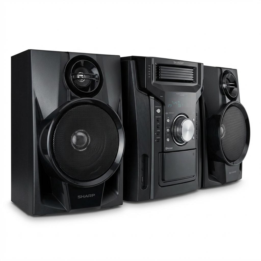 A photorealistic studio product photo of the black Sharp CD-BH950 mini shelf speaker system, angled to emphasize the left speaker and the main unit. It is centered on a pure white background with a soft, natural shadow.