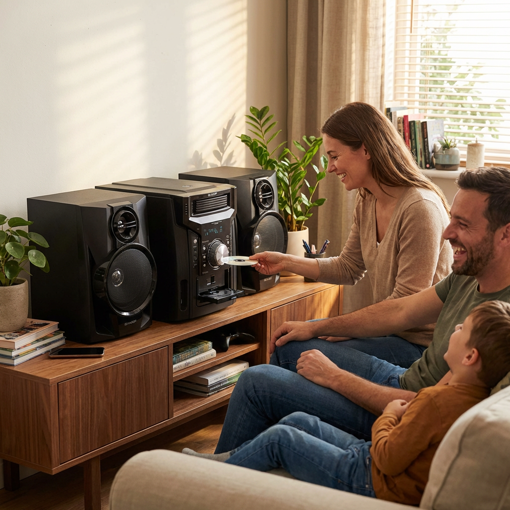 A happy family enjoys the Sharp CD-BH950 5-Disc Mini Shelf Speaker System, with a woman placing a CD into the main unit on a wooden console in their bright living room.