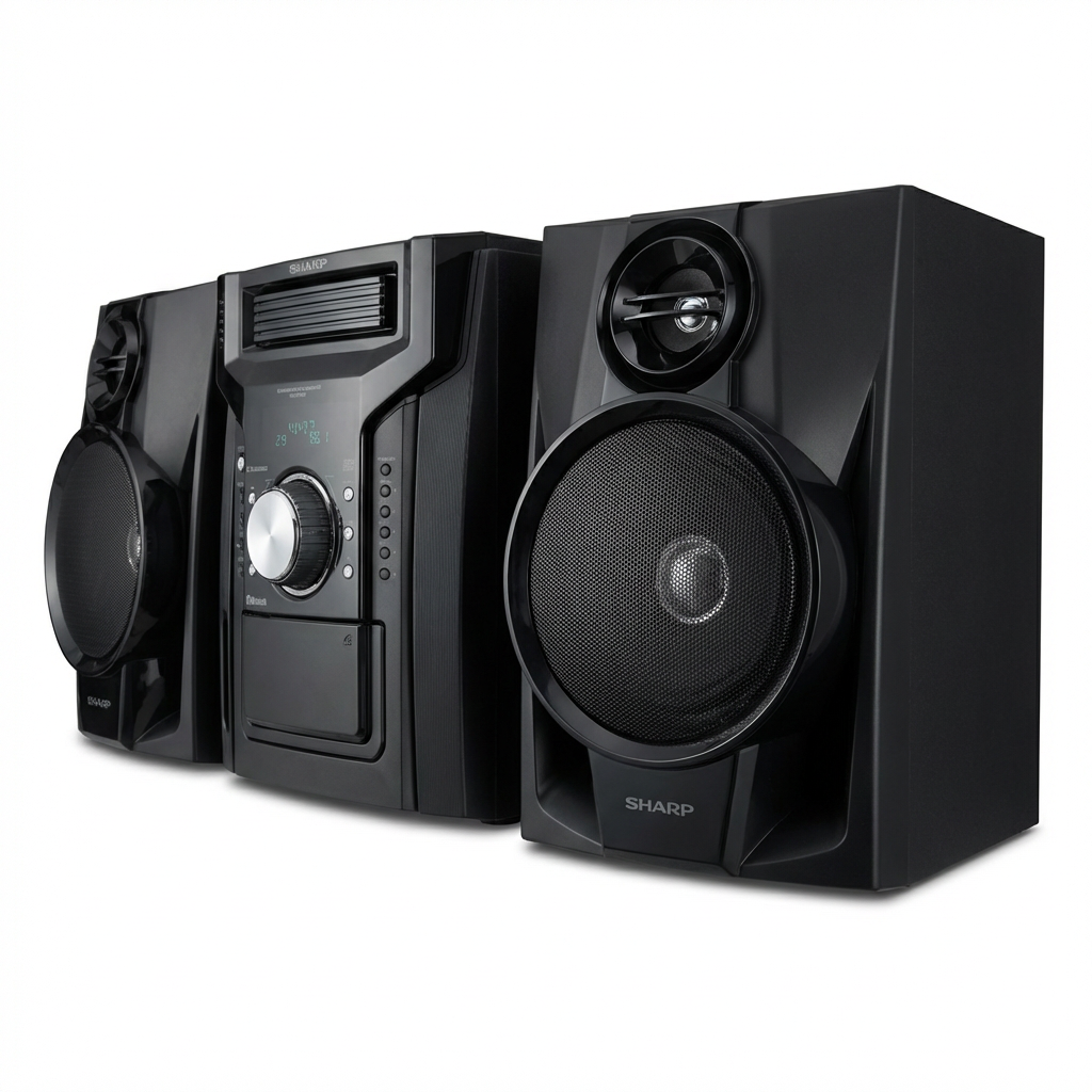 A photorealistic studio photograph of the SHARP CD-BH950 Mini Shelf Speaker System, centered and angled to show the right speaker and side panel on a white background with a soft shadow.