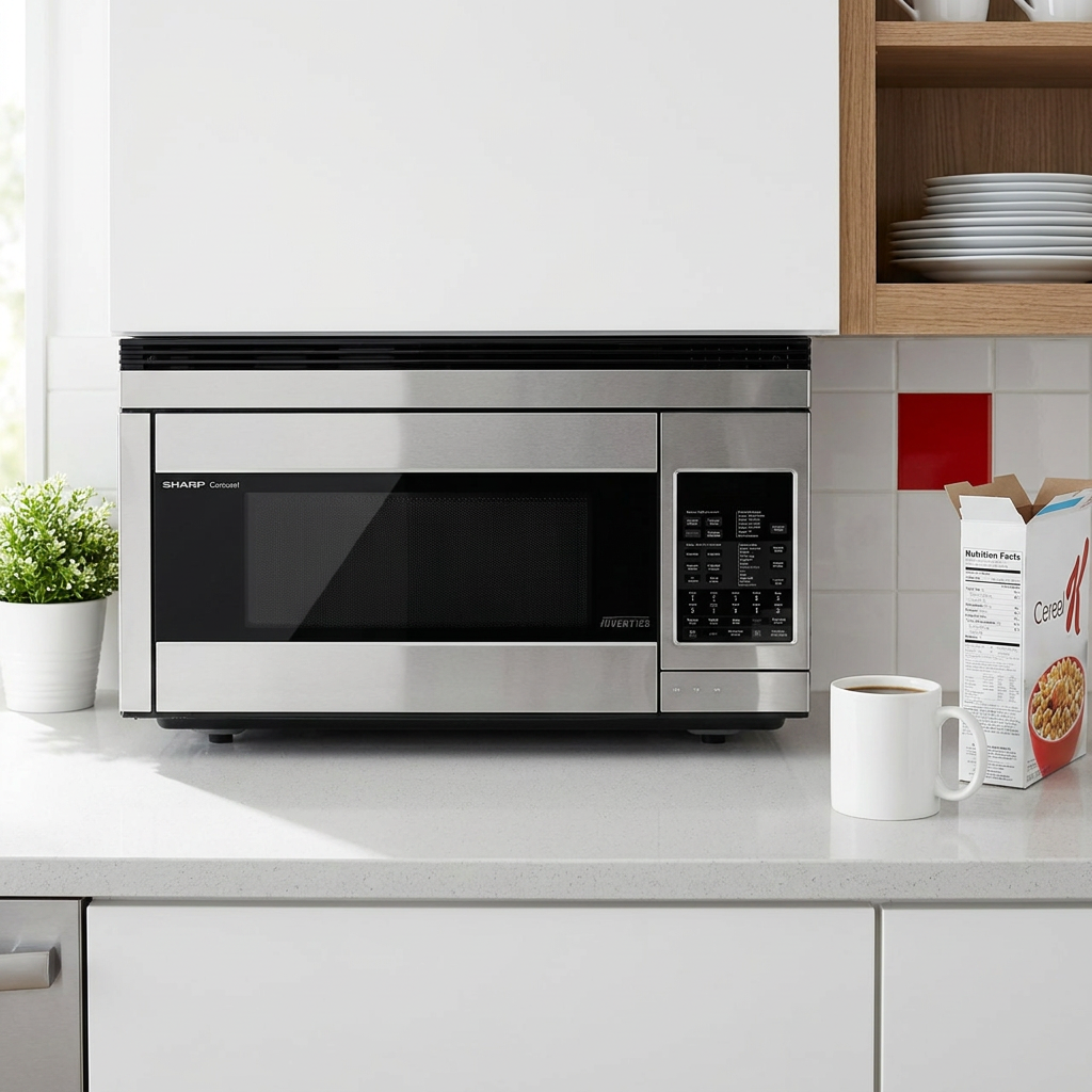 The SHARP R1874TY over-the-range microwave is shown on a kitchen counter next to a cereal box and coffee mug for scale. The minimalist kitchen setting uses a brand-aligned palette of white, light gray, and a red accent tile.