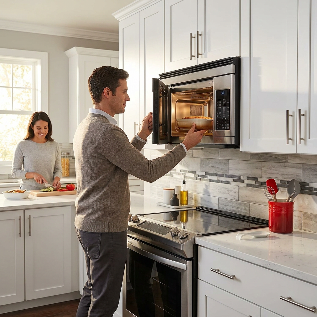 A couple in a modern kitchen with white cabinets and natural light, using the Sharp R1874TY over-the-range microwave.