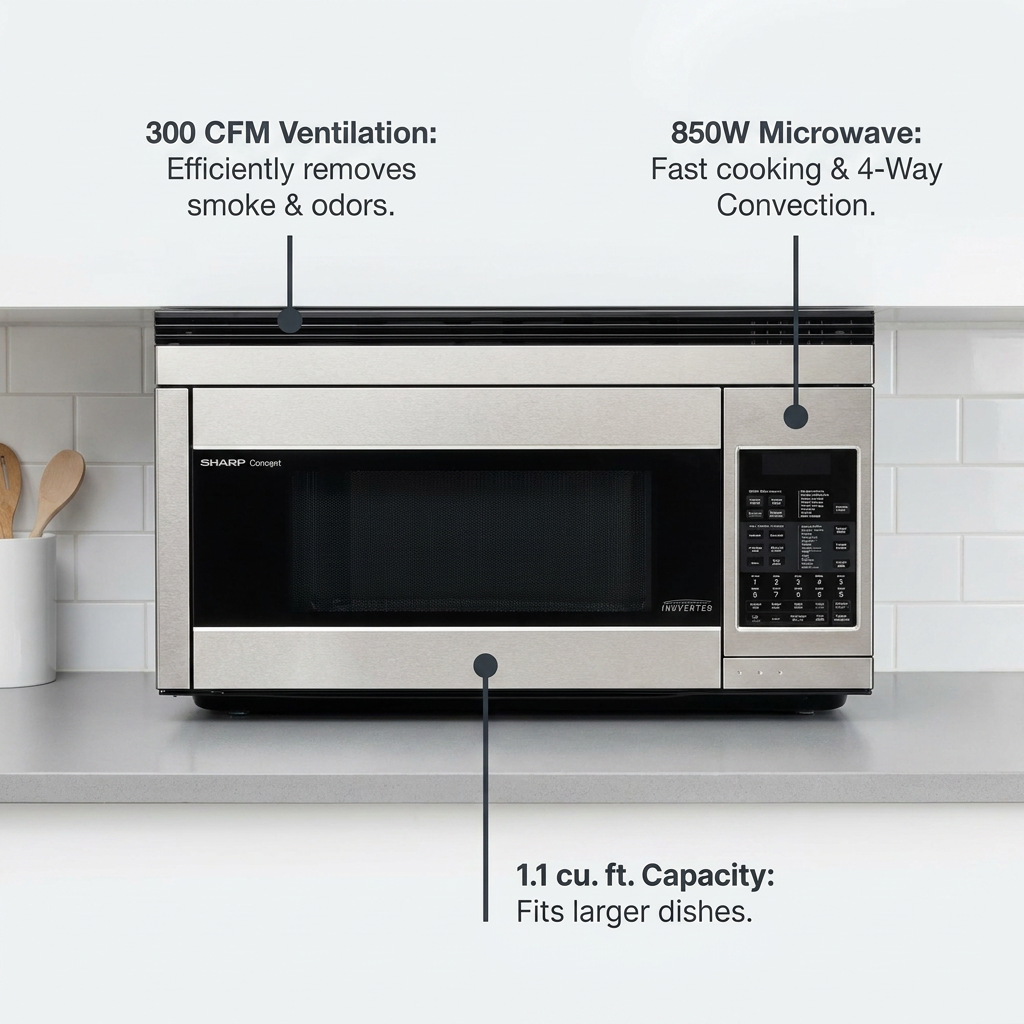 A polished e-commerce visual matrix for the SHARP R1874TY microwave, featuring three callouts: "300 CFM Ventilation: Efficiently removes smoke & odors."; "850W Microwave: Fast cooking & 4-Way Convection."; and "1.1 cu. ft. Capacity: Fits larger dishes.". The image uses a minimalist kitchen setting with a black, white, and gray palette.