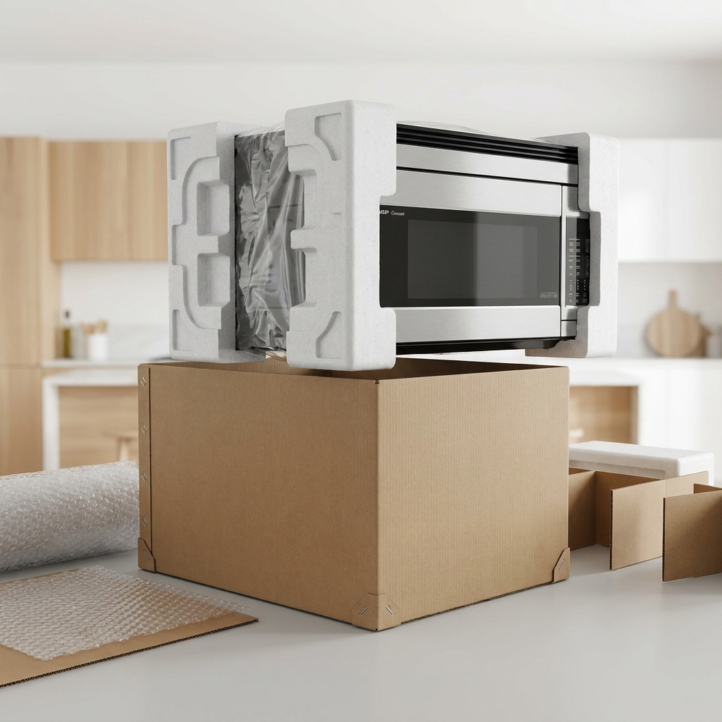 A premium unboxing scene for the Sharp R1874TY over-the-range microwave. The product is encased in thick, custom-molded protective foam and plastic wrap, being lifted from a sturdy cardboard box. Additional protective materials, like bubble wrap and cardboard, are visible in a clean, modern kitchen setting with minimalist light wood furniture, emphasizing secure and damage-free shipping.