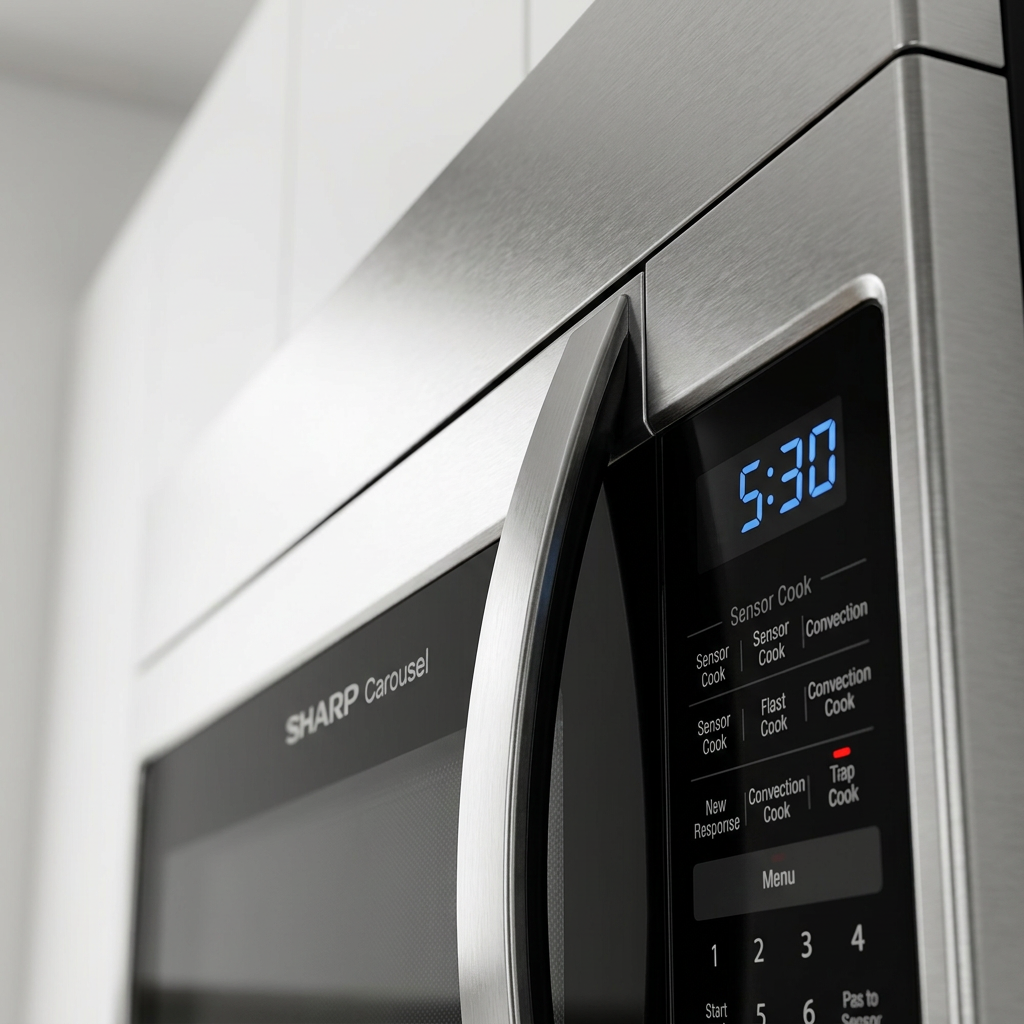 A macro inspection of the stainless steel SHARP R1874TY microwave, focusing on the textured finish and the digital control panel. The image highlights the metallic grain, handle details, and the blue LED clock and cooking functions.