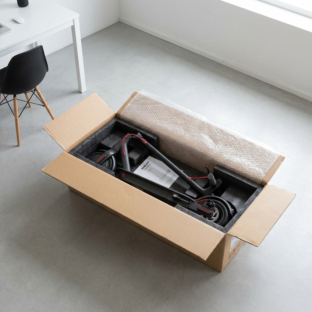 A top-down view of the Sharp S7 foldable electric scooter securely packed in a shipping box with thick foam and bubble wrap, highlighting safe delivery.