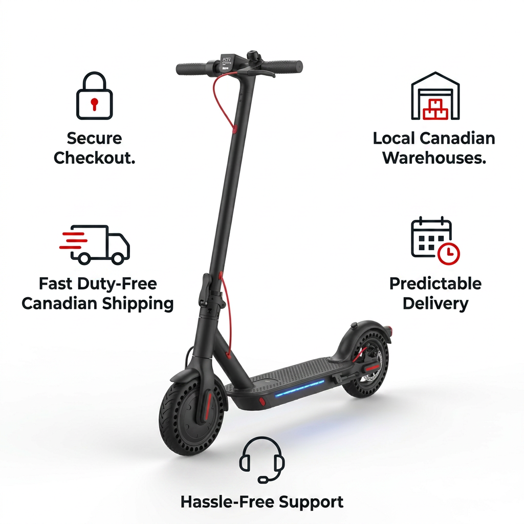 A brand-aligned e-commerce infographic featuring the Sharp S7 electric scooter, surrounded by five icons and short text labels highlighting trust and support.