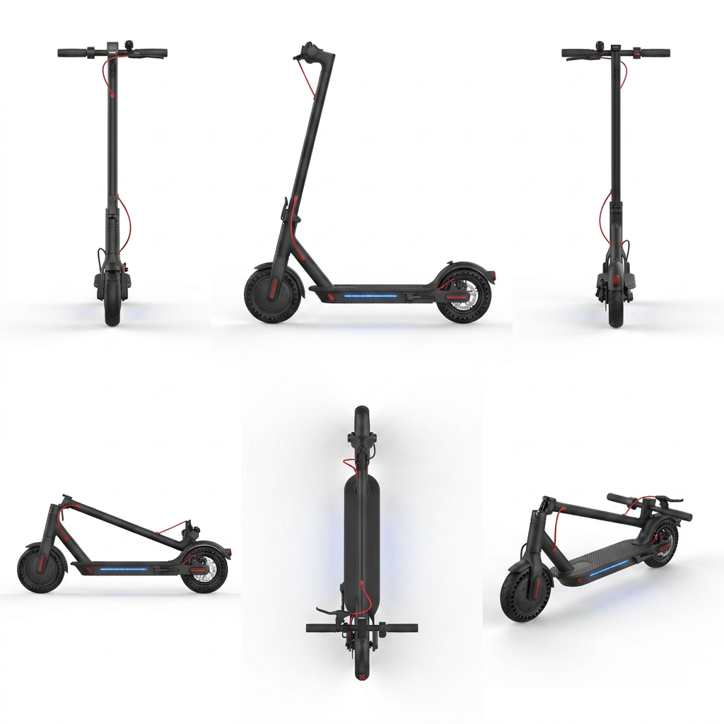 A six-panel configuration matrix showing the SHARP S7 electric scooter from multiple angles: front, side, and rear in the top row, and side-folded, top-folded, and three-quarter-folded in the bottom row. The scooter is on a clean white background.