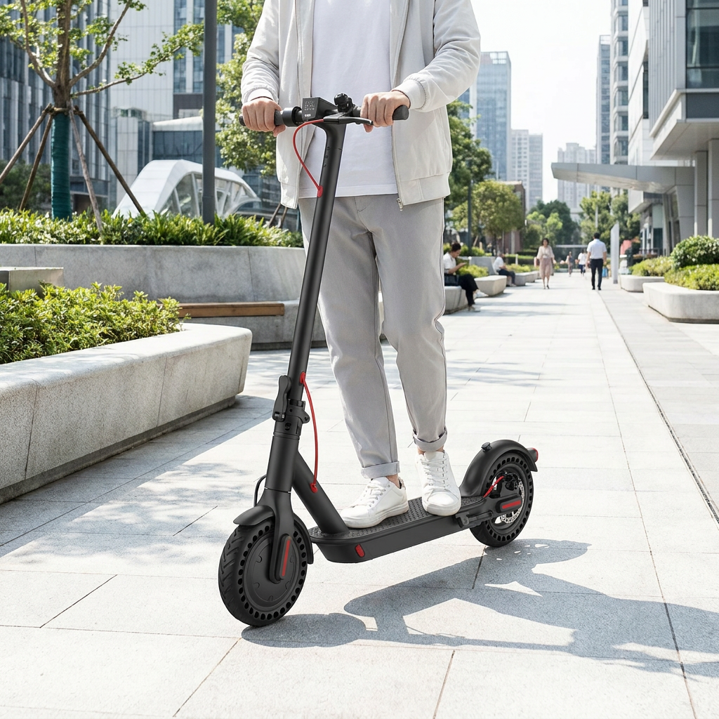 A person in a light jacket and white sneakers is riding the black Sharp S7 electric scooter with subtle red accents on a modern, sun-drenched city plaza with clean lines and greenery. e.g., The scooter and rider are sharply in focus against the bright urban background.