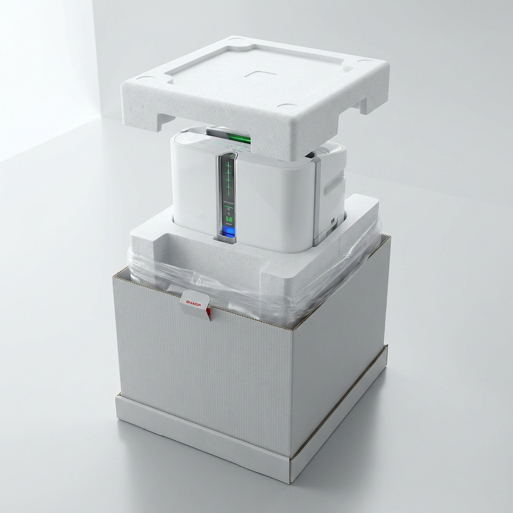 A premium Sharp air purifier is shown partially unboxed from secure, protective packaging to ensure safe delivery.