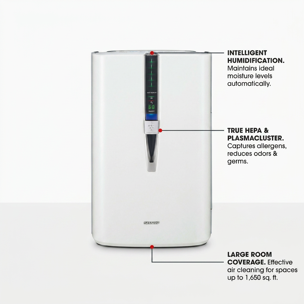 A clean, white and gray feature graphic for the Sharp KC860U air purifier, highlighting its True HEPA & Plasmacluster filtration, intelligent humidification, and large room coverage of 1,650 sq. ft. with short, descriptive text and red accent pointers.