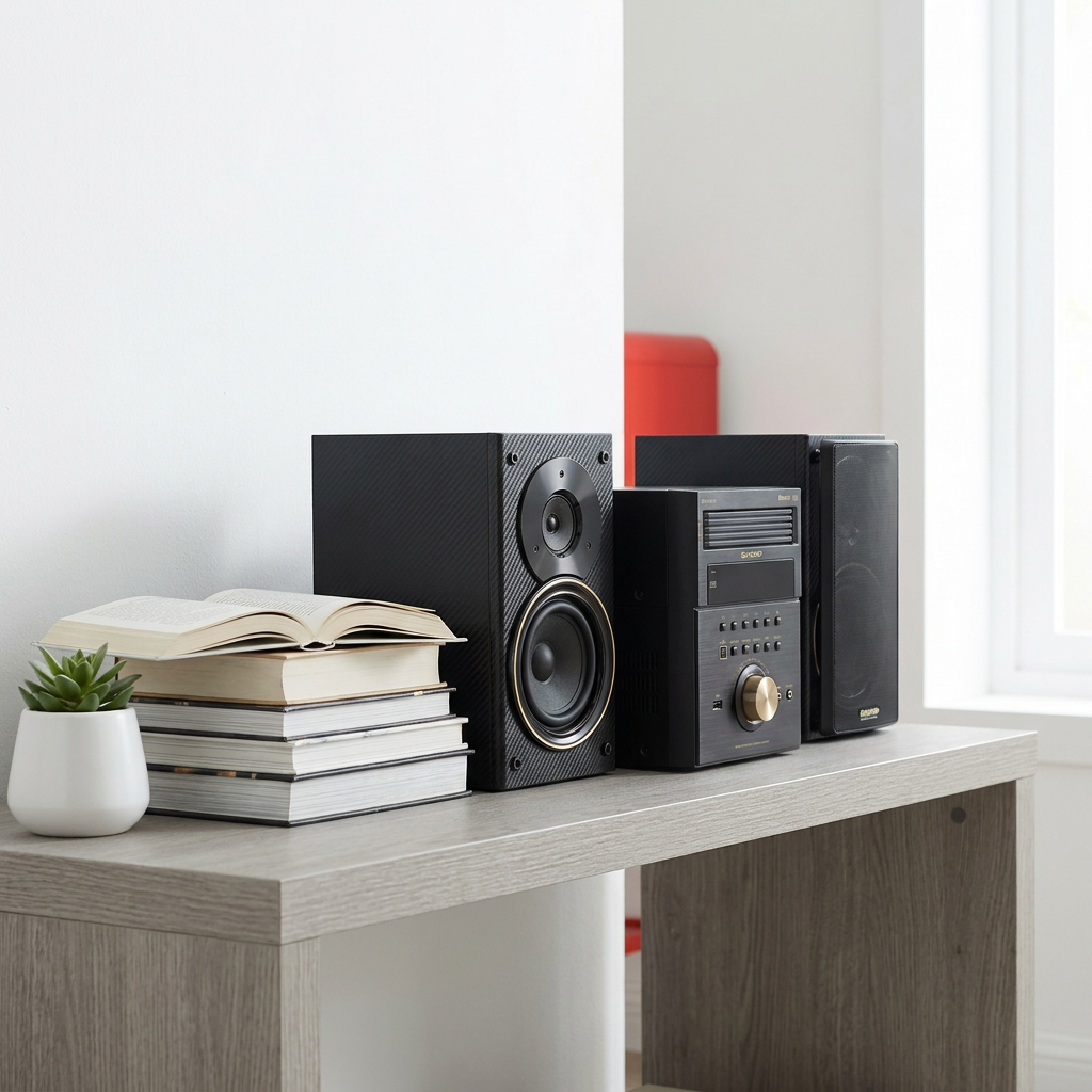 A photograph of the Sharp XL-BH250GL shelf system on a wooden console, placed beside a stack of books and a potted plant to provide scale.