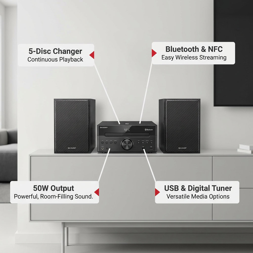 A polished ecommerce feature graphic for the Sharp XL-BH250GL Micro Shelf System, showing key operational features like the "5-Disc Changer" and "Bluetooth & NFC" with benefit-driven labels and clean pointer lines. The background is a minimalist, modern living room with a light gray and white color palette and Sharp Red accents, adhering to the brand guide.