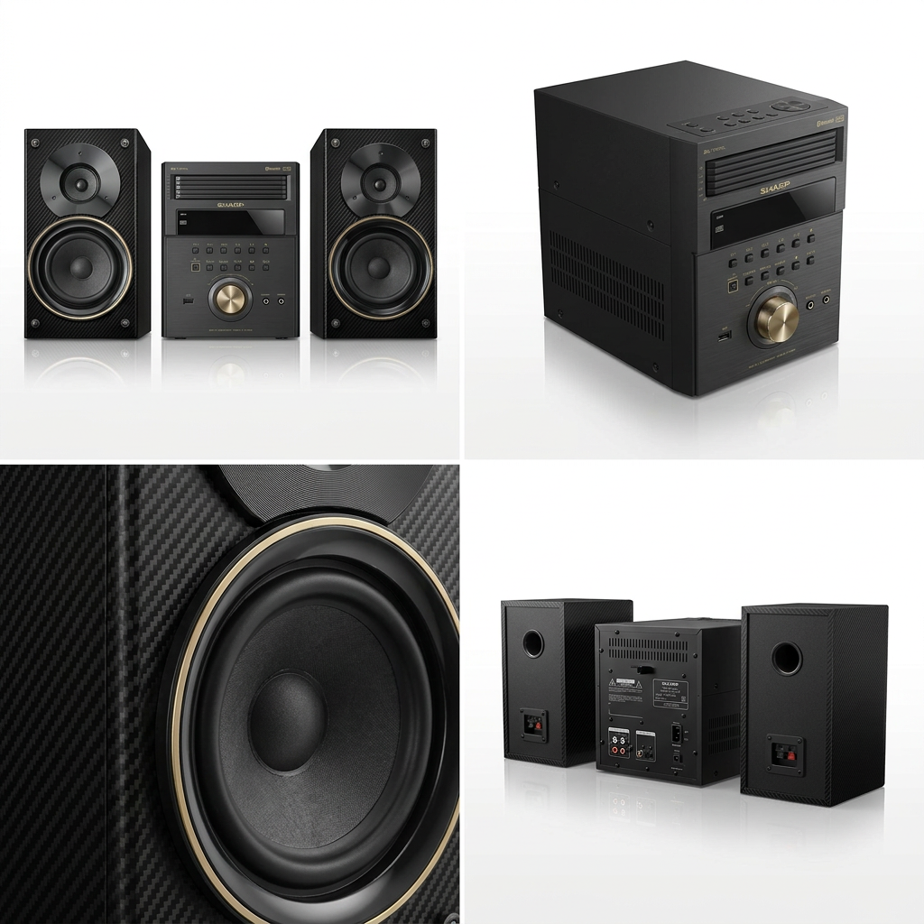 A four-panel visual matrix image showing the Sharp XL-BH250GL micro shelf system from various angles in a premium grid layout. Top left: full front view. Top right: three-quarter angle of the main unit. Bottom left: close-up on the speaker cone and gold trim. Bottom right: rear view showing connections. The background is a clean white with subtle reflections, aligning with the Shopify brand guide.