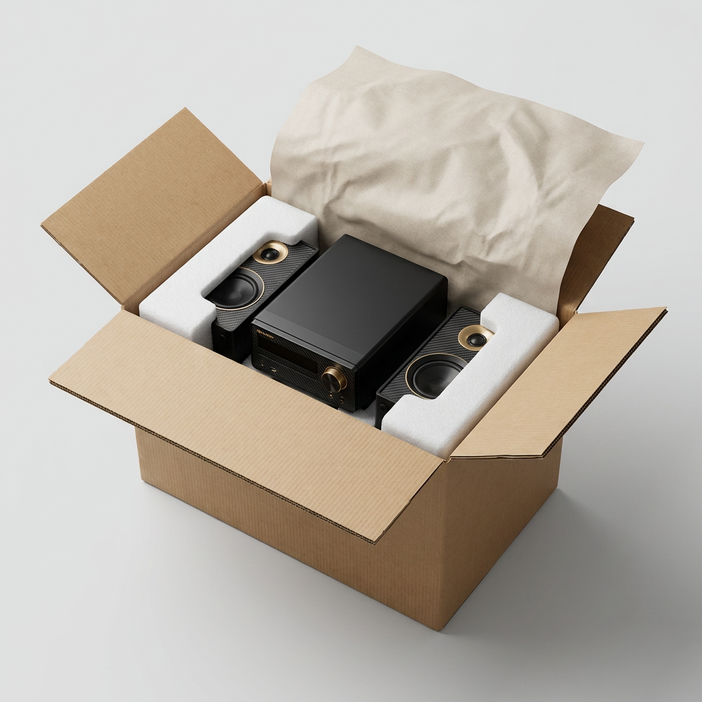 A premium unboxing scene of the Sharp XL-BH250GL system in a sturdy cardboard box with custom foam padding and protective paper on a neutral Shopify background.