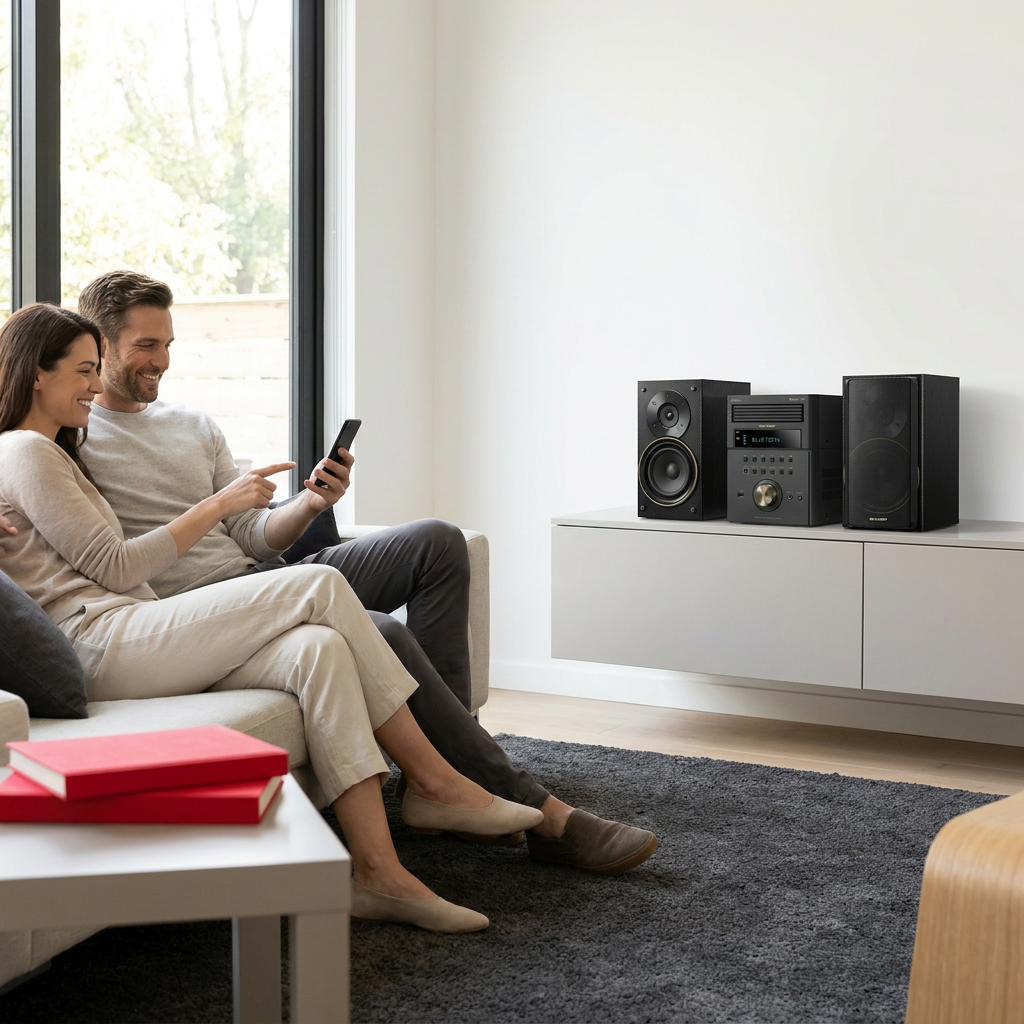 A couple in a modern living room, sitting on a sofa, uses a smartphone to control the SHARP XL-BH250GL micro shelf system via Bluetooth. The unit is on a white console in a minimalist, naturally lit environment.