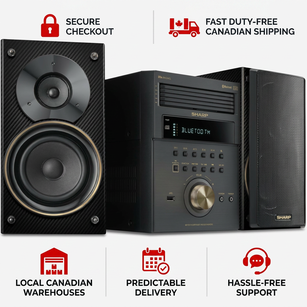 PDP infographic for the Sharp XL-BH250GL Micro Shelf System, featuring five red trust icons and text: Secure Checkout, Fast Duty-Free Canadian Shipping, Local Canadian Warehouses, Predictable Delivery, and Hassle-Free Support, on a white background.