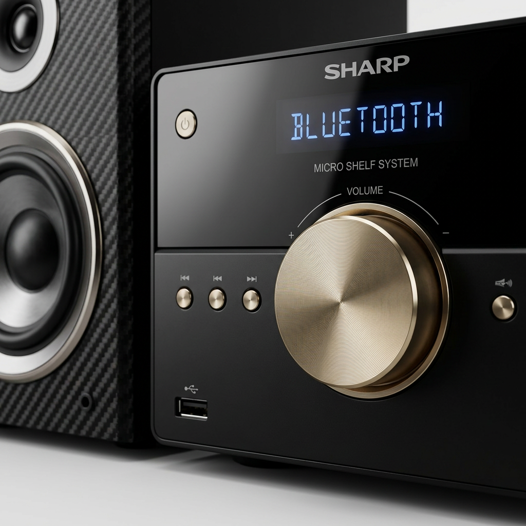 A detailed close-up of the Sharp XL-BH250GL micro shelf system, focusing on the premium gold-finished volume knob and the clear "BLUETOOTH" display on the black control panel.